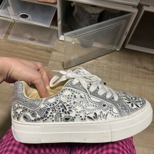 Betsey Johnson Silver and White Embellished Sneakers